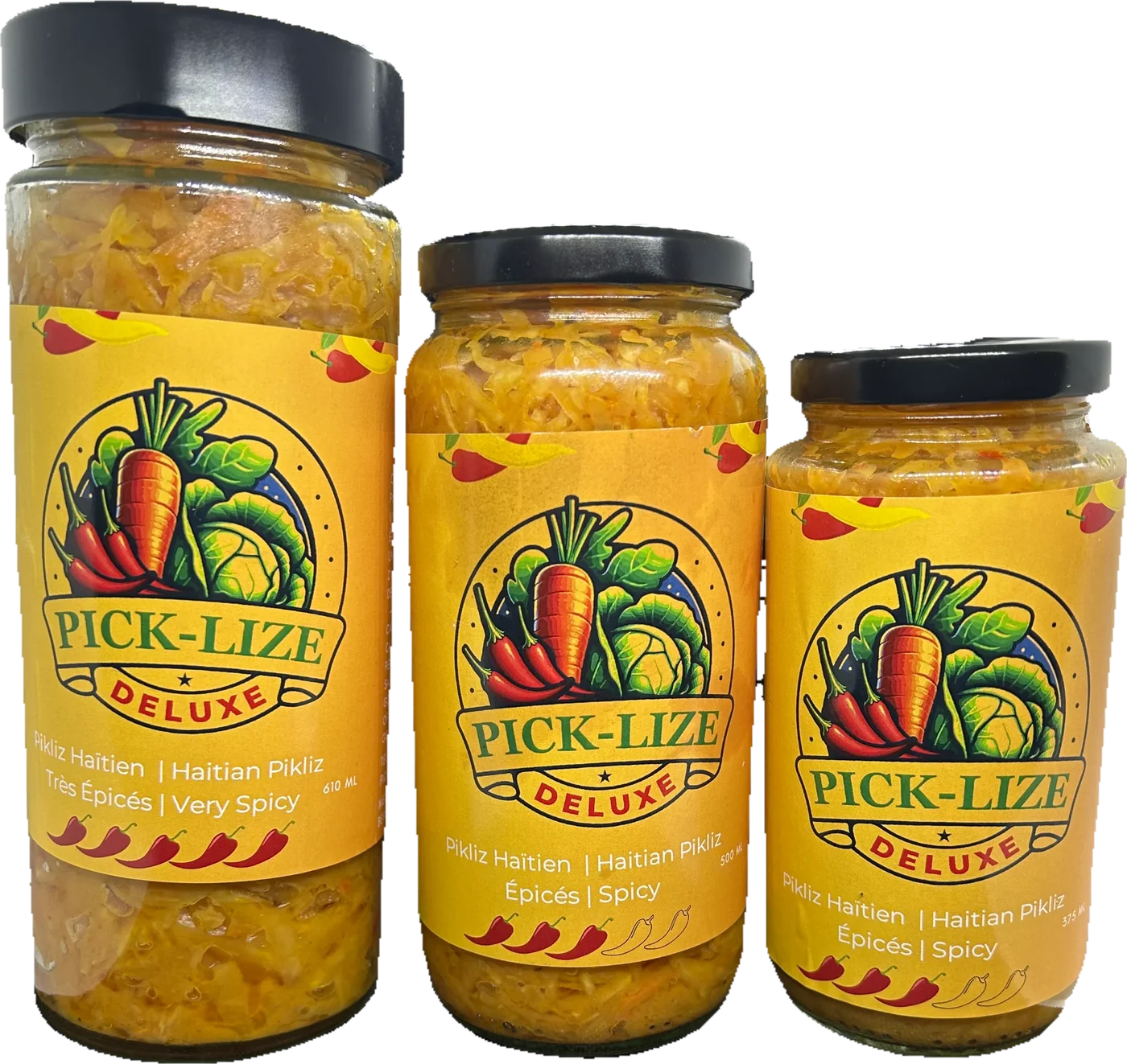 Trois pots de Pick-Lize Deluxe – 630 ml, 500 ml et 375 ml Trois pots de Pick-Lize Deluxe – 630 ml, 500 ml et 375 ml